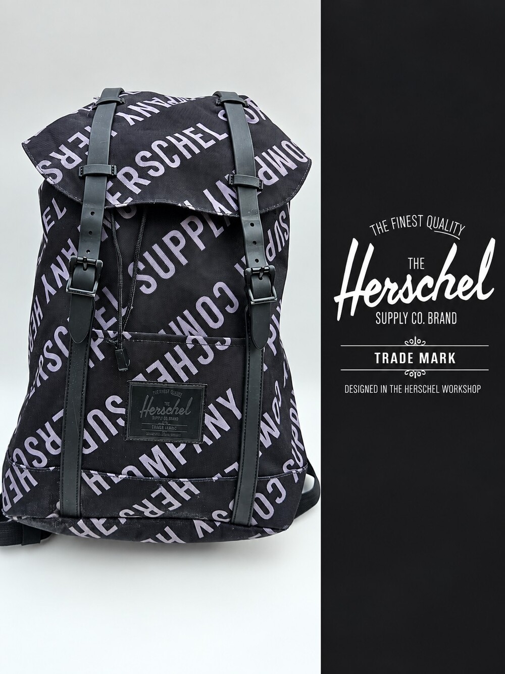 Herschel Little America Backpack Black Typography Print Laptop Rucksack